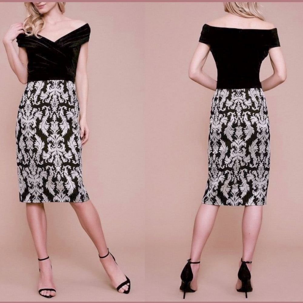 NWT! TADASHI Shoji Bali Jacquard Velvet Black and Silver Dress Size 6